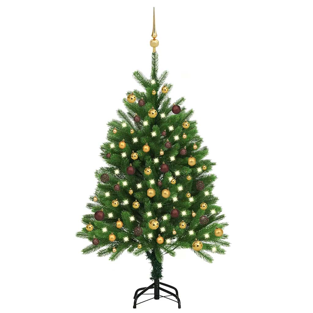 Vidaxl Artificial Christmas Tree With Led Lights And Ball Set - Weather-Resistant, Lifelike Needle-Shaped Pe Branches - 47.2 Inch Green With Gold And Bronze Decorations.