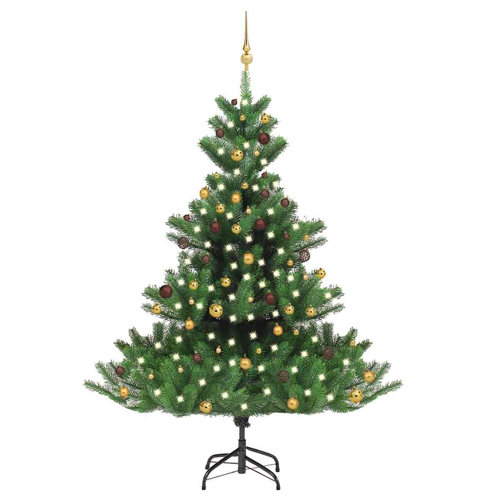 Vidaxl Nordmann Fir Artificial Christmas Tree - Led&Ball Set In Green And Gold- Pe Construction And Steel Stand - Christmas Tree With Energy-Efficient Led Lights - 82.7&quot; Tall