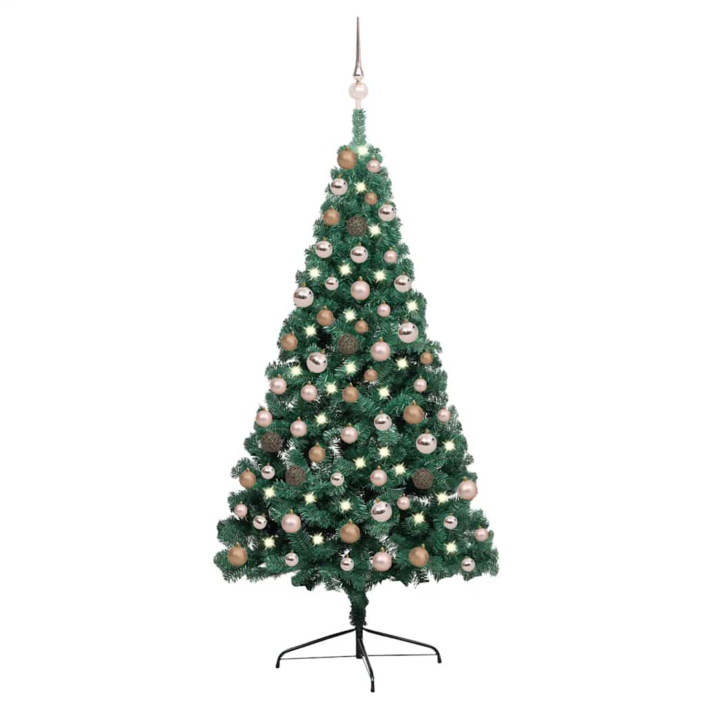Vidaxl Artificial Half Christmas Tree With Leds&Ball Set, 59.1&quot; Green/Rose, Pvc Material, Semi Circular Design, Energy Efficient Led, Reusable For Years, Includes Tree Stand, Multiple Decorations