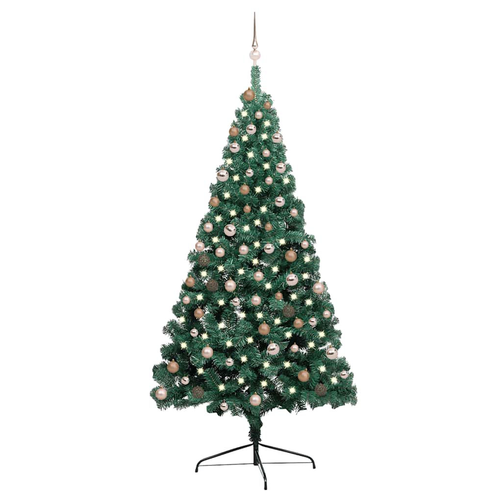 Vidaxl Artificial Half Christmas Tree With Leds, Shiny, Matte And Glitter Rose Gold Ornaments And Tree Stand - Green - 82.7&quot;