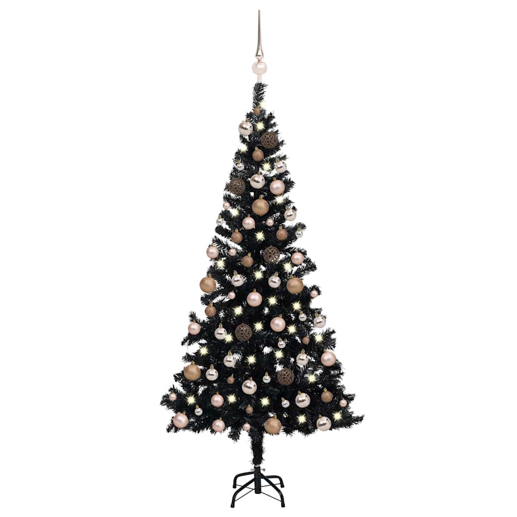 Vidaxl Artificial Christmas Tree With Led Lights & Ball Set - 59.1&quot; Pvc Black Christmas Tree With Rose Gold Balls - Indoor Holiday Decoration