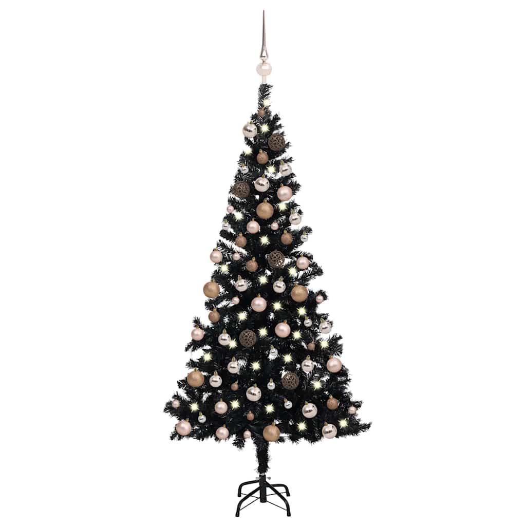 Vidaxl Black Artificial Christmas Tree With Led Lights & Rose Gold Ball Set, Pvc, 70.9&quot; Height, Steel Feet, Economical Choice For Festive Decorations