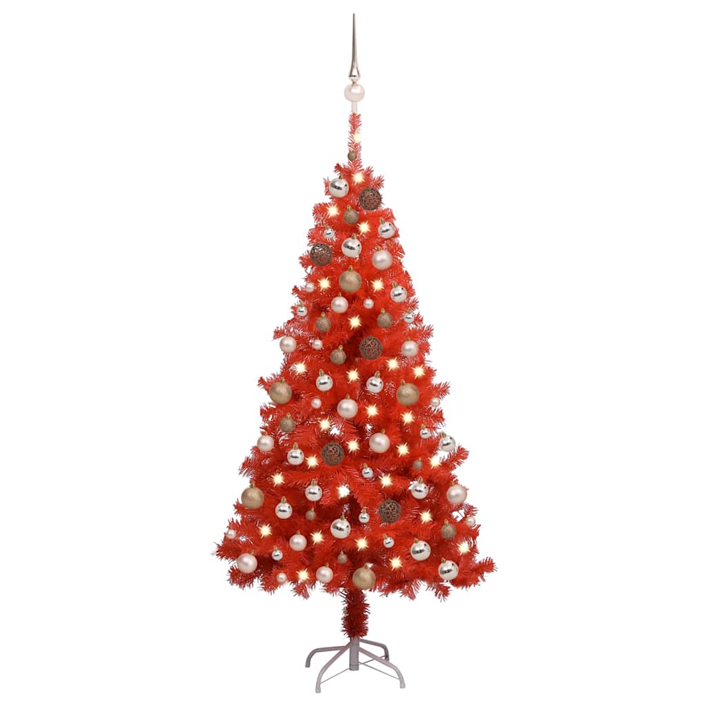 Vidaxl Lifelike Artificial Christmas Tree In Red Pvc With Led String Lights, Decorative Balls And Peak - 59.1&quot; In Height & 29.5&quot; Diameter - Easy Assembly Required; Durable And Economical Festive Decor
