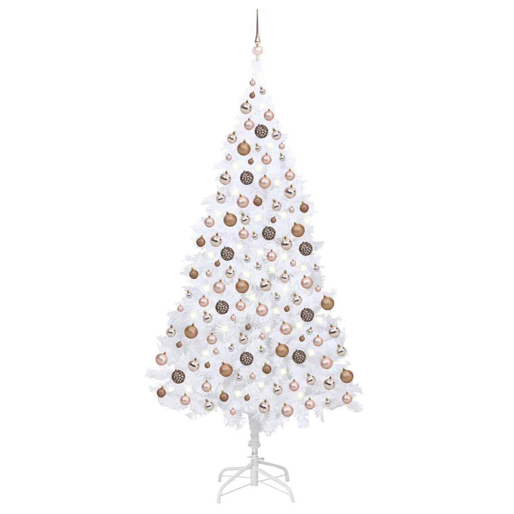 Vidaxl Artificial Pre-Lit Christmas Tree - White Pvc - 82.7” Height, 43.3” Diameter, Ball Ornaments, Led Lights, Metal Stand