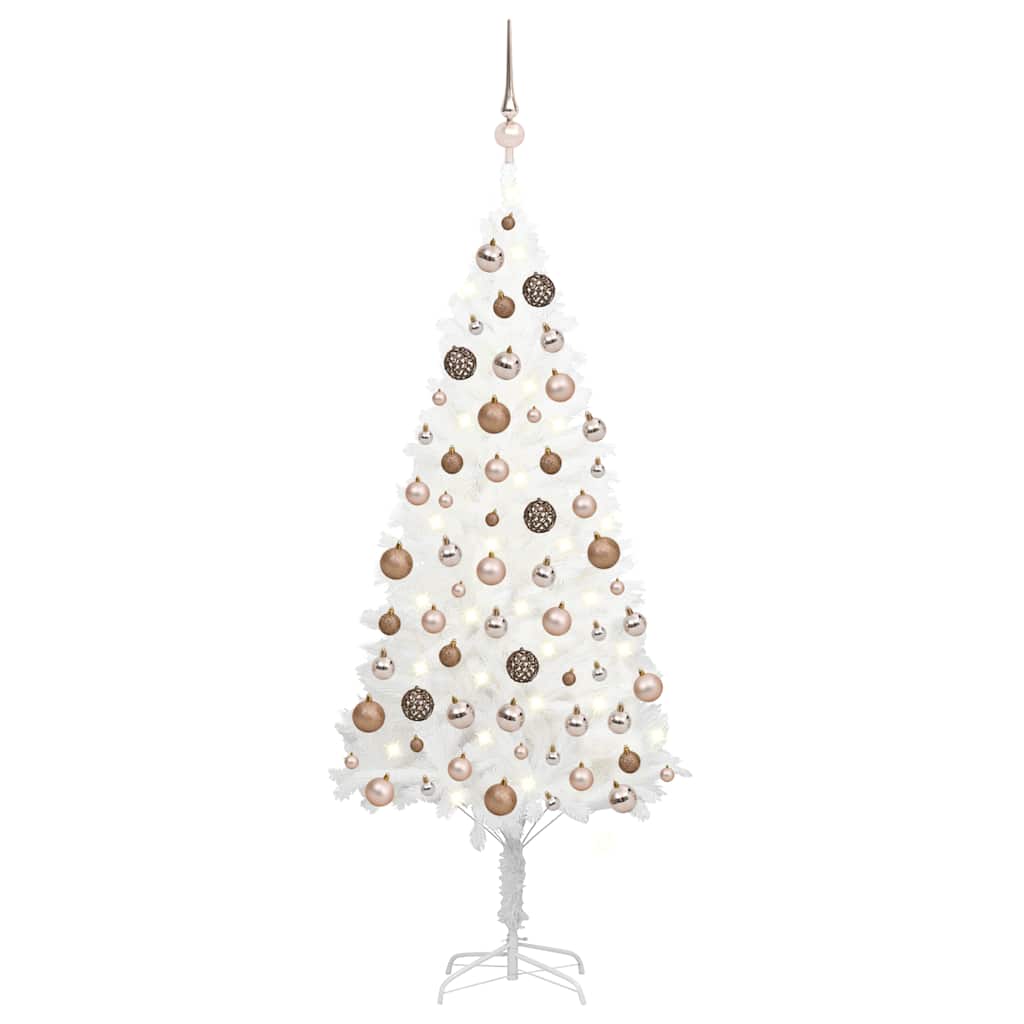 Vidaxl 59.1" White Artificial Christmas Tree With Led Lighting And Rose Gold Ball Set - Lifelike Pe Branches, Weather-Resistant, Economically-Friendly, Easy Assembly