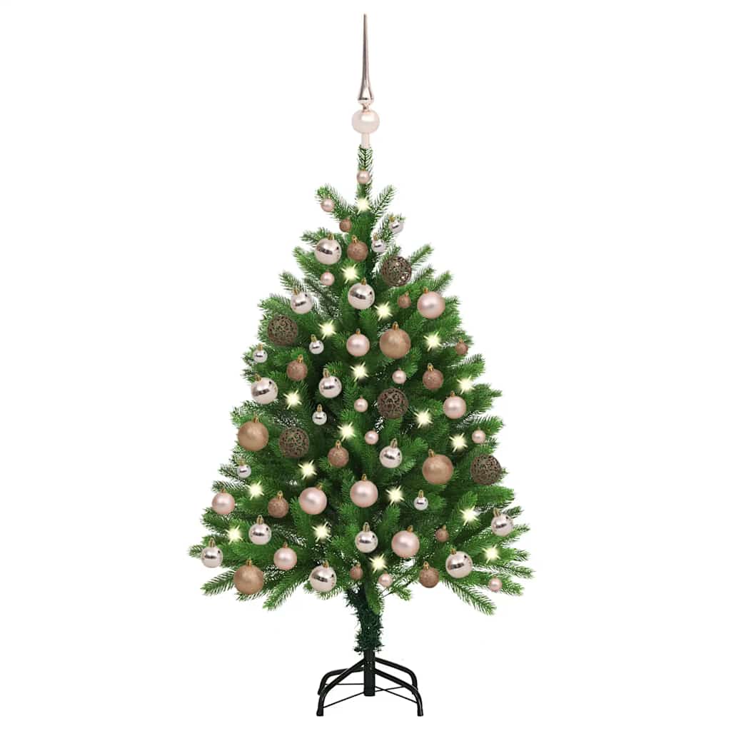 Vidaxl Artificial Christmas Tree With Leds And Balls Set 47.2&quot;, Sturdy Steel Base, Lifelike Pe Branches, Indoor Christmas Décor, Green And Rose Gold