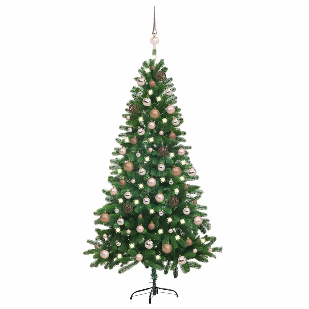 Vidaxl Green Artificial Christmas Tree With Leds And Ball Set, Lifelike Needle Pe Branches, Weather Resistant, Economical And Reusable, 70.9 Inches Height With 35.4 Inches Diameter