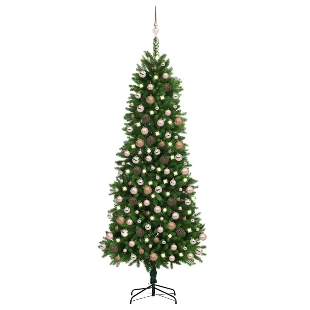 ** Vidaxl 94.5" Artificial Pre-Lit Christmas Tree With Rose Gold Balls - Battery Operated Led Lights - Durable Pe & Steel - Green Xmas Tree