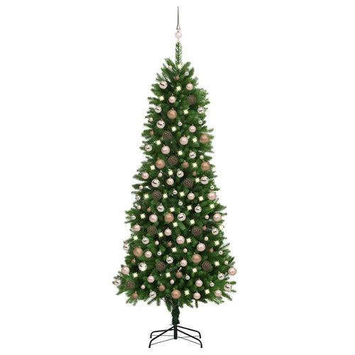 ** Vidaxl 94.5" Artificial Pre-Lit Christmas Tree With Rose Gold Balls - Battery Operated Led Lights - Durable Pe & Steel - Green Xmas Tree