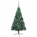 Vidaxl Half Shape Artificial Christmas Tree Pre-Lit With Led Lights, Pvc Green Xmas Tree With Steel Stand And Decoration Balls
