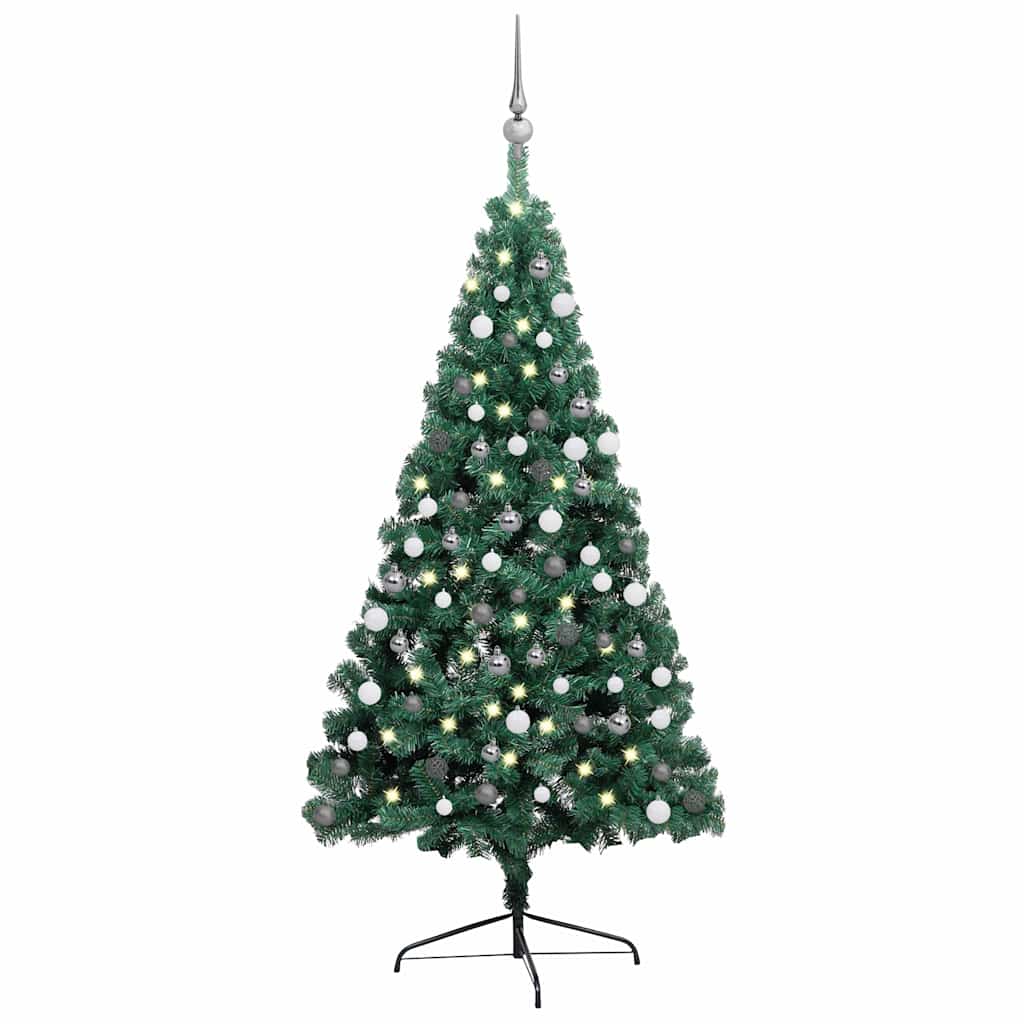 Vidaxl Half Shape Artificial Christmas Tree Pre-Lit With Led Lights, Pvc Green Xmas Tree With Steel Stand And Decoration Balls