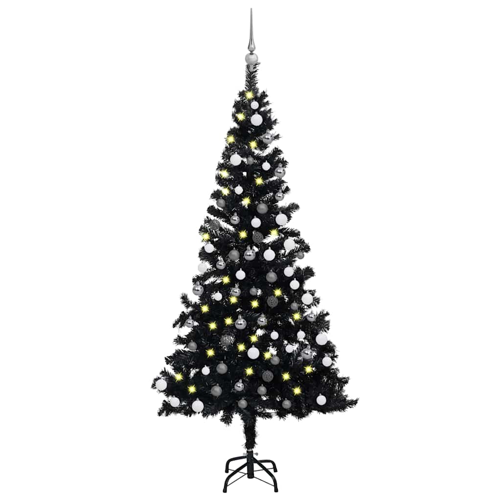 Vidaxl Artificial Christmas Tree With Leds&Ball Set Home Indoor Outdoor Holiday Decoration Christmas Ornament Xmas Tree 59.1&quot; Pvc Black