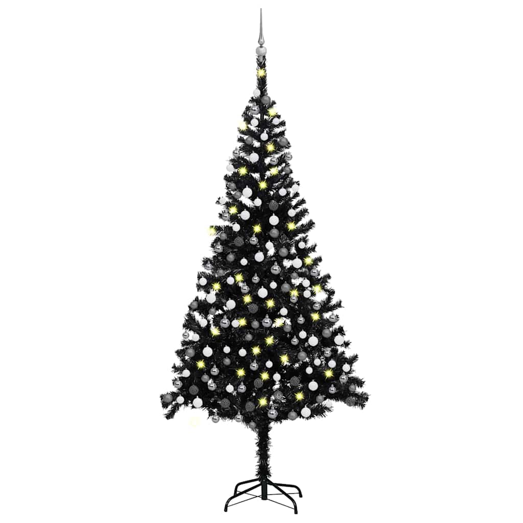 Vidaxl Pvc Artificial Christmas Tree With Led Lights & Ball Set - 94.5&quot; Height, 47.2&quot; Diameter - Usb Powered - Black & Gray Decoration - Complete With Steel Stand