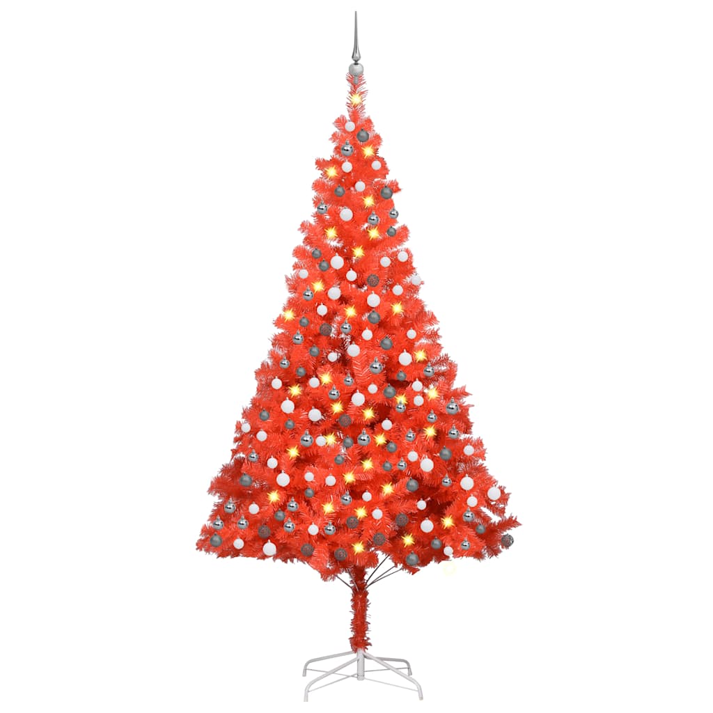 Vidaxl Artificial Christmas Tree, 94.5&quot; Height - Economical And Eco-Friendly, Pvc Construction With Sturdy Steel Feet, Energy-Efficient Led Lights, Includes Red Tree, Decorative Balls, And A Usb C...