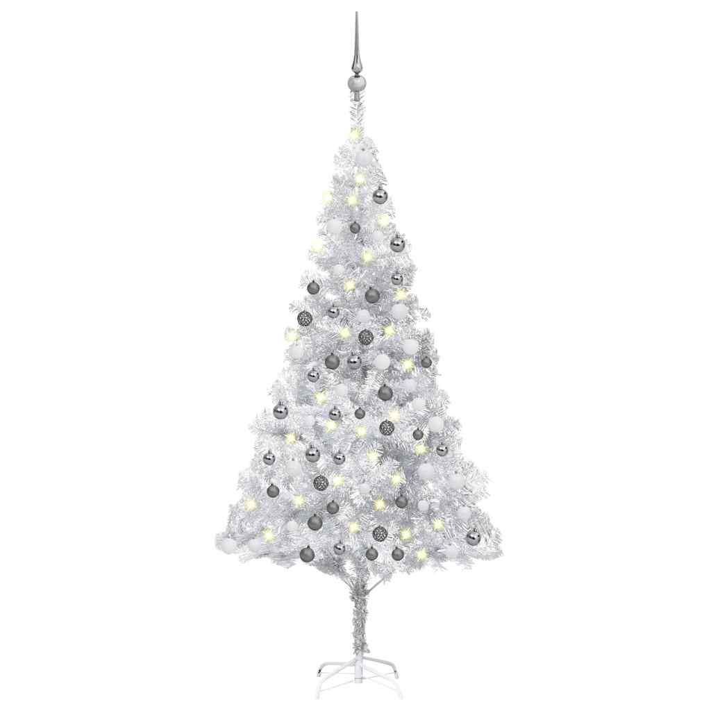 Vidaxl Silver Artificial Christmas Tree - 70.9&quot; Height With Leds & Ball Set, Energy-Efficient Lights, Usb Connectivity, Reusable Design - Festive Holiday Decoration