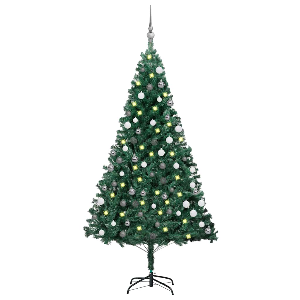 Vidaxl Artificial Pvc Christmas Tree With Lights And Ball Set, Green And Gray, Adjustable Branches, Metal Stand Included, 59.1&quot; Height, Economical And Lifelike