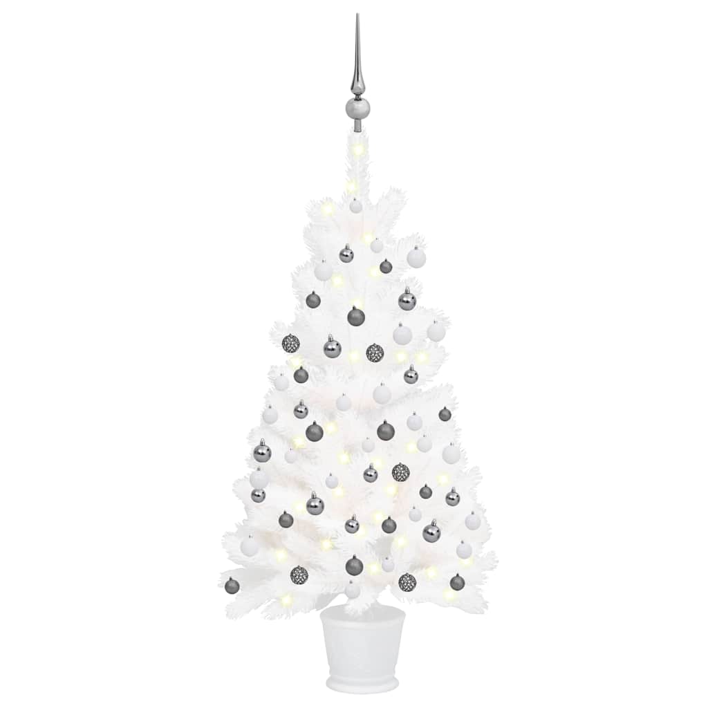 Vidaxl Artificial Pre-Lit Christmas Tree With Balls - 35.4&quot; White Pe Xmas Tree, Energy-Efficient Led Lights, Durable & Water-Resistant, Shiny And Glitter White/Gray Balls - Suitable For Home/Indoo...