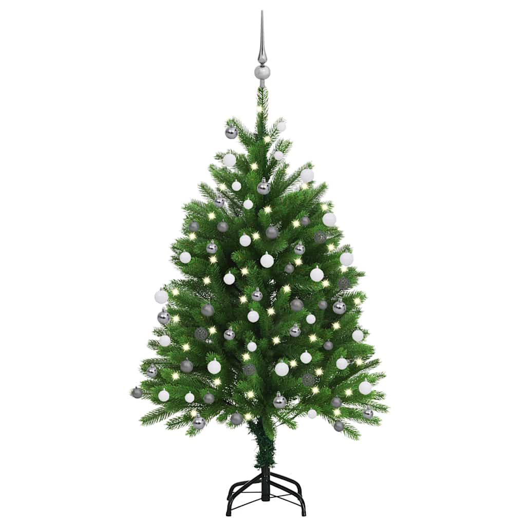 Vidaxl Artificial Christmas Tree Bundle With Led Light String And Ball Set - Green With Shiny White, Glitter White, Shiny Gray, And Glitter Gray Balls - 47.2 Inches Tall, 29.5 Inches Diameter - W...