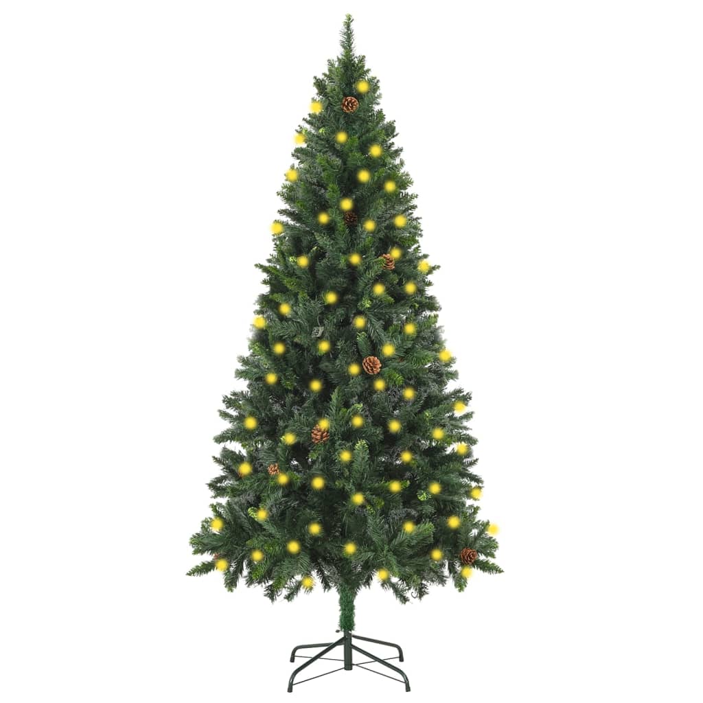 Vidaxl Artificial Green Pine Christmas Tree With Pine Cone Decorations And Led Lights - 70.9&quot; Height, Full Shape, Iron Base Stand, Indoor/Outdoor Decor For Holiday Season