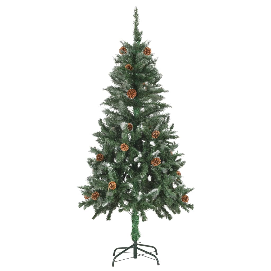 Vidaxl Artificial Pre-Lit Christmas Tree With Pine Cones, 59.1&quot; Tall, 150 Leds, Green/White, Pvc/Iron
