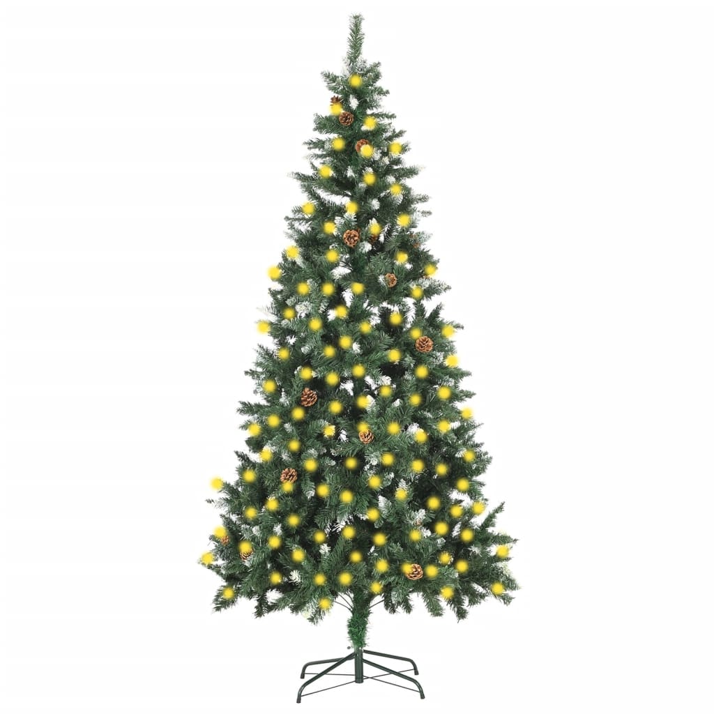 Vidaxl Artificial Pre-Lit Christmas Tree - 82.7&quot; Green Glitter Pine Tree With Pine Cones And 300 Led Lights, Durable Pvc & Iron, Usb Powered Xmas Tree Decoration