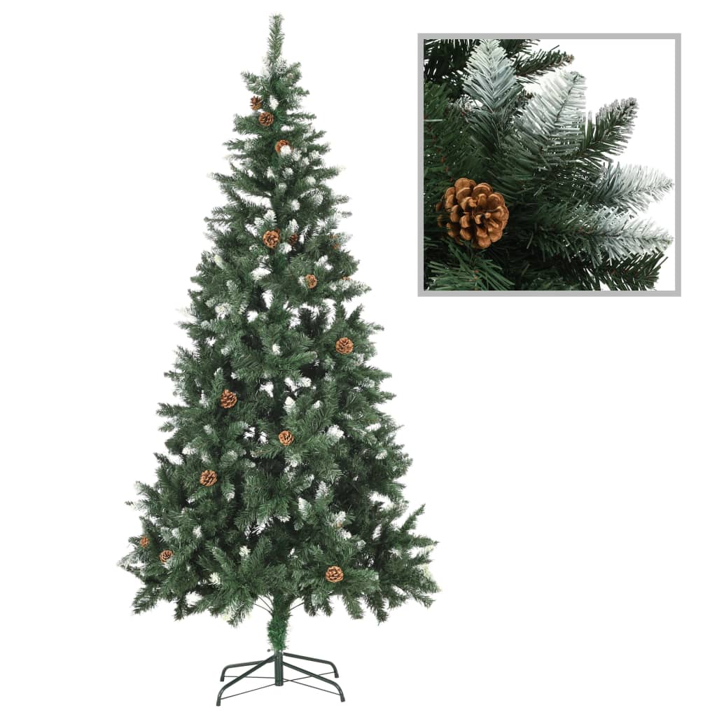 Vidaxl Artificial Pre-Lit Christmas Tree - 82.7&quot; Green Glitter Pine Tree With Pine Cones And 300 Led Lights, Durable Pvc & Iron, Usb Powered Xmas Tree Decoration