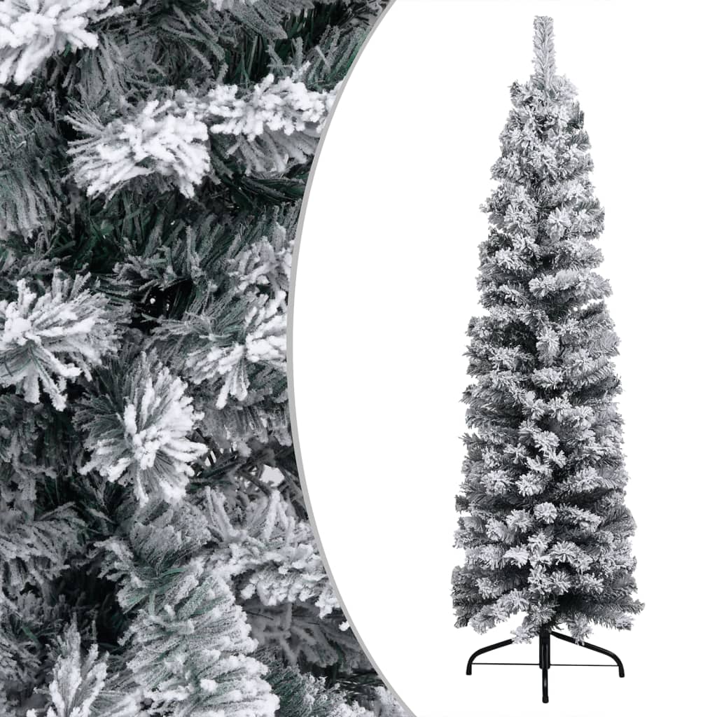 Vidaxl Slim Artificial Christmas Tree With Flocked Snow And Led Lights - Energy-Efficient, Lifelike Green Pvc Tree - 59.1&quot; Height, 16.9&quot; Diameter, 5W Power
