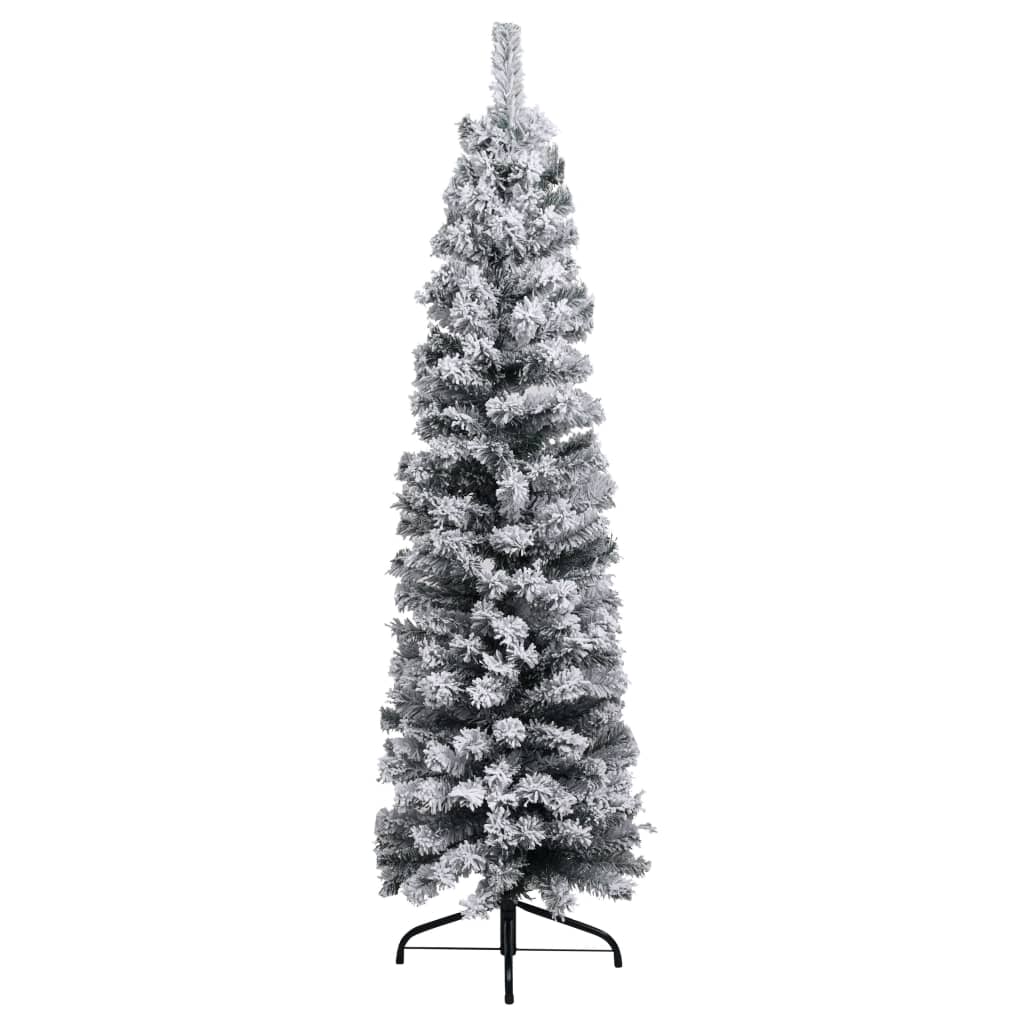 Vidaxl Slim Artificial Christmas Tree With Flocked Snow And Led Lights - Energy-Efficient, Lifelike Green Pvc Tree - 59.1&quot; Height, 16.9&quot; Diameter, 5W Power