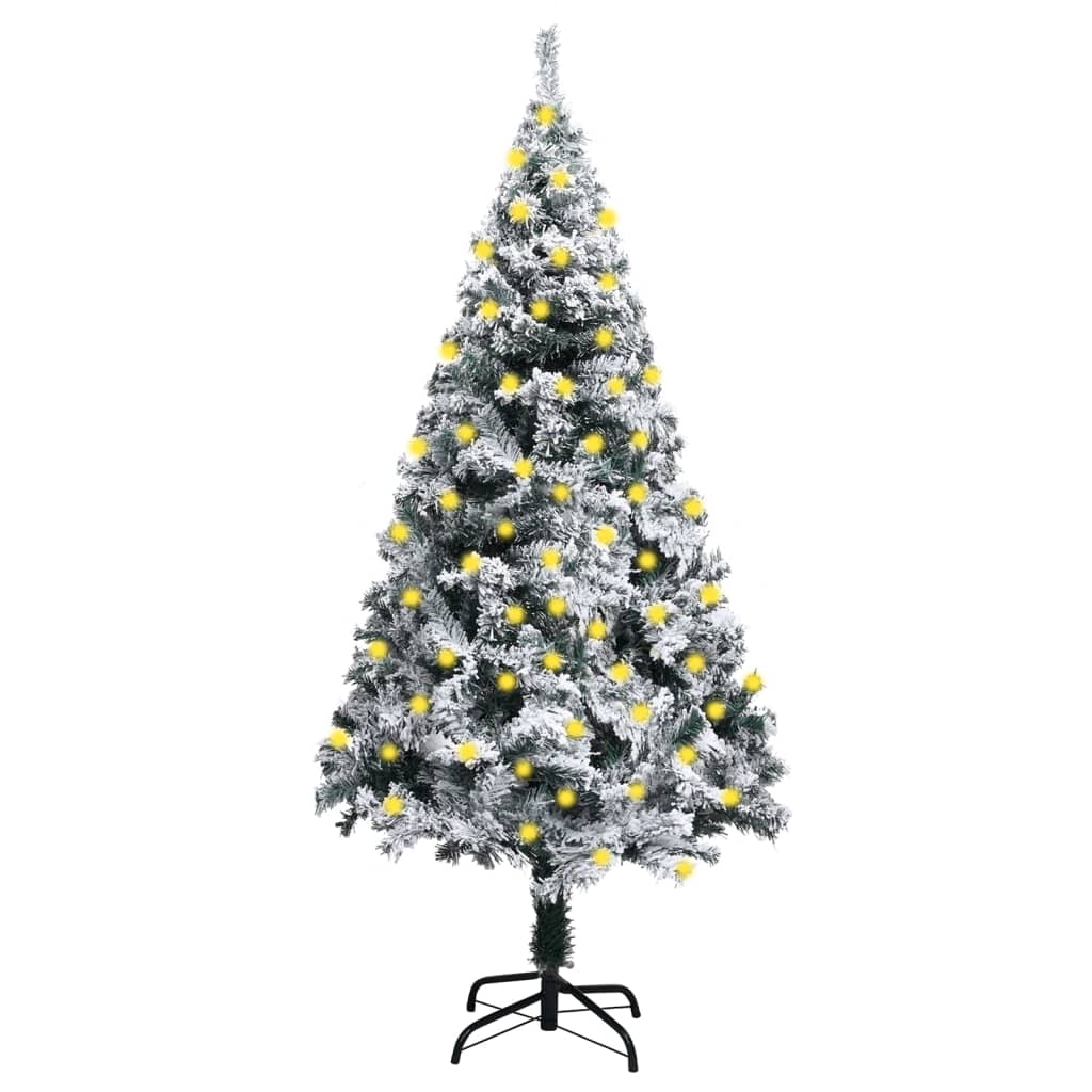 Vidaxl Pre-Lit Artificial Christmas Tree With Flocked Snow - 70.9" Pvc Xmas Tree With Metal Stand And 150 Led Lights, Usb Powered, Green