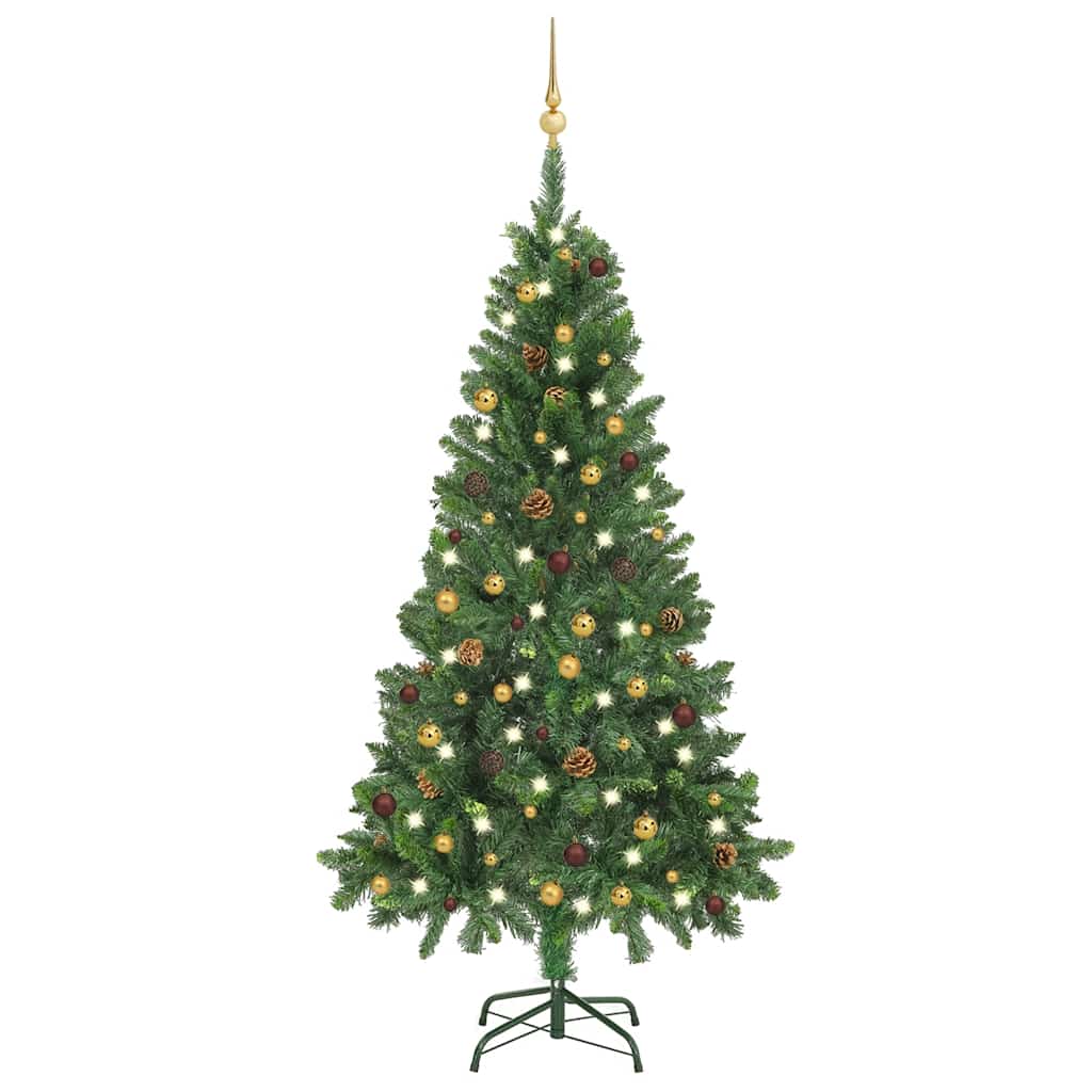Vidaxl Artificial Pre-Lit Christmas Tree With Ball Set - 59.1&quot; Green Tree, 150 Led Lights, Pvc/Iron Construction, Pine Cones & Baubles Included