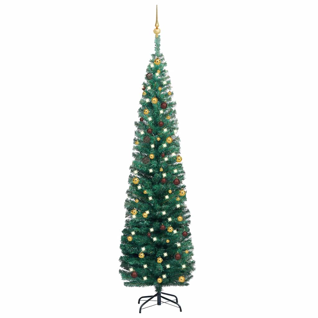 Vidaxl Slim Artificial Christmas Tree - Led Lit, With Ball Set, Green, 82.7&quot; - Reusable Pvc Holiday Decor With Sturdy Steel Stand