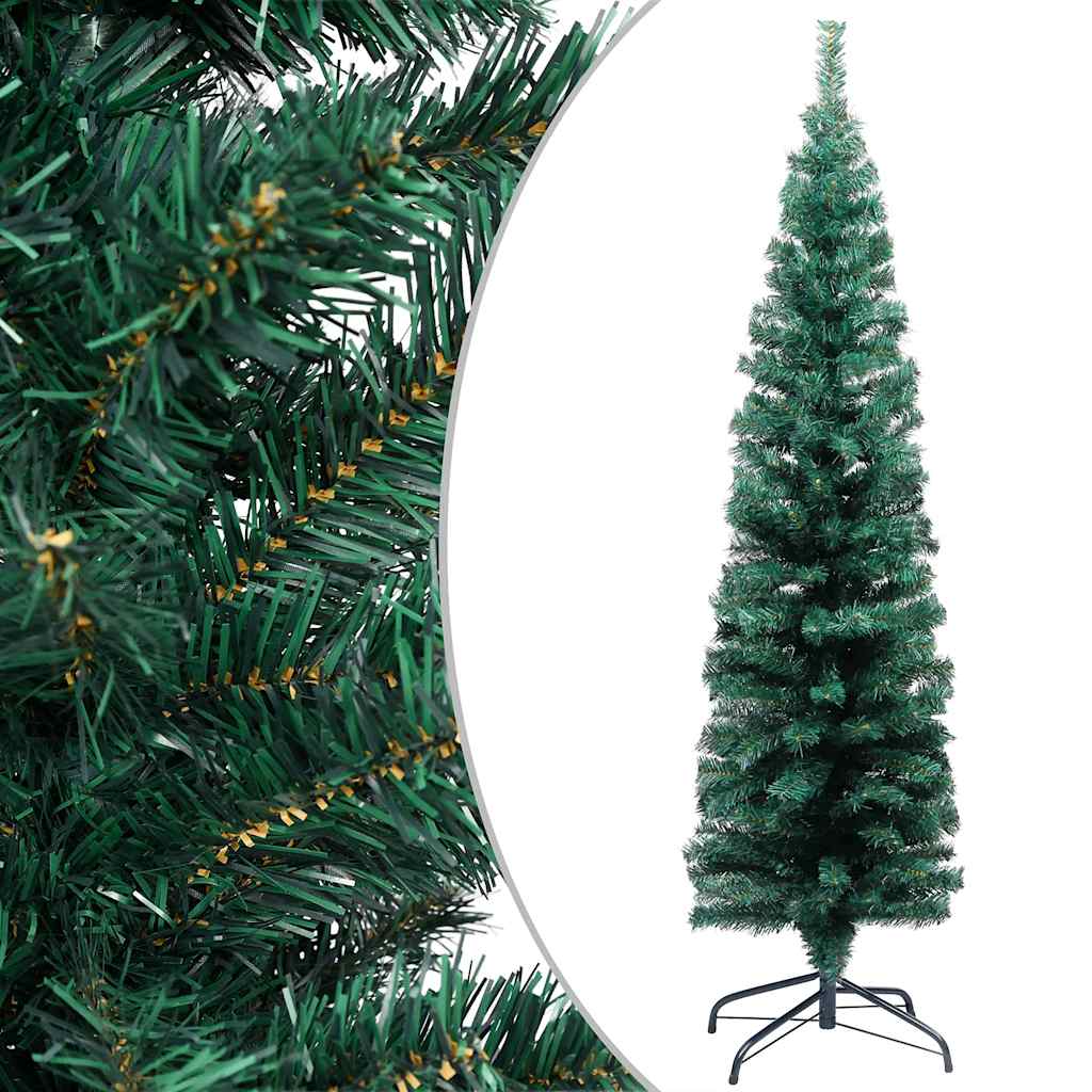 Vidaxl Slim Artificial Christmas Tree - Led Lit, With Ball Set, Green, 82.7&quot; - Reusable Pvc Holiday Decor With Sturdy Steel Stand