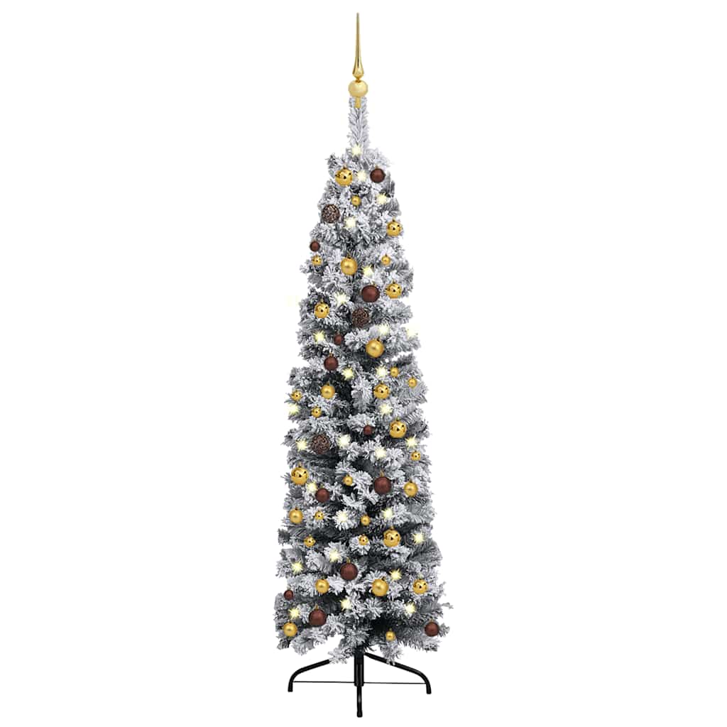 Vidaxl Slim Pre-Lit Artificial Christmas Tree With Snow Effect, Energy-Efficient Leds, Ball Ornaments, And Stand - Green/Gold, 47.2&quot; Height