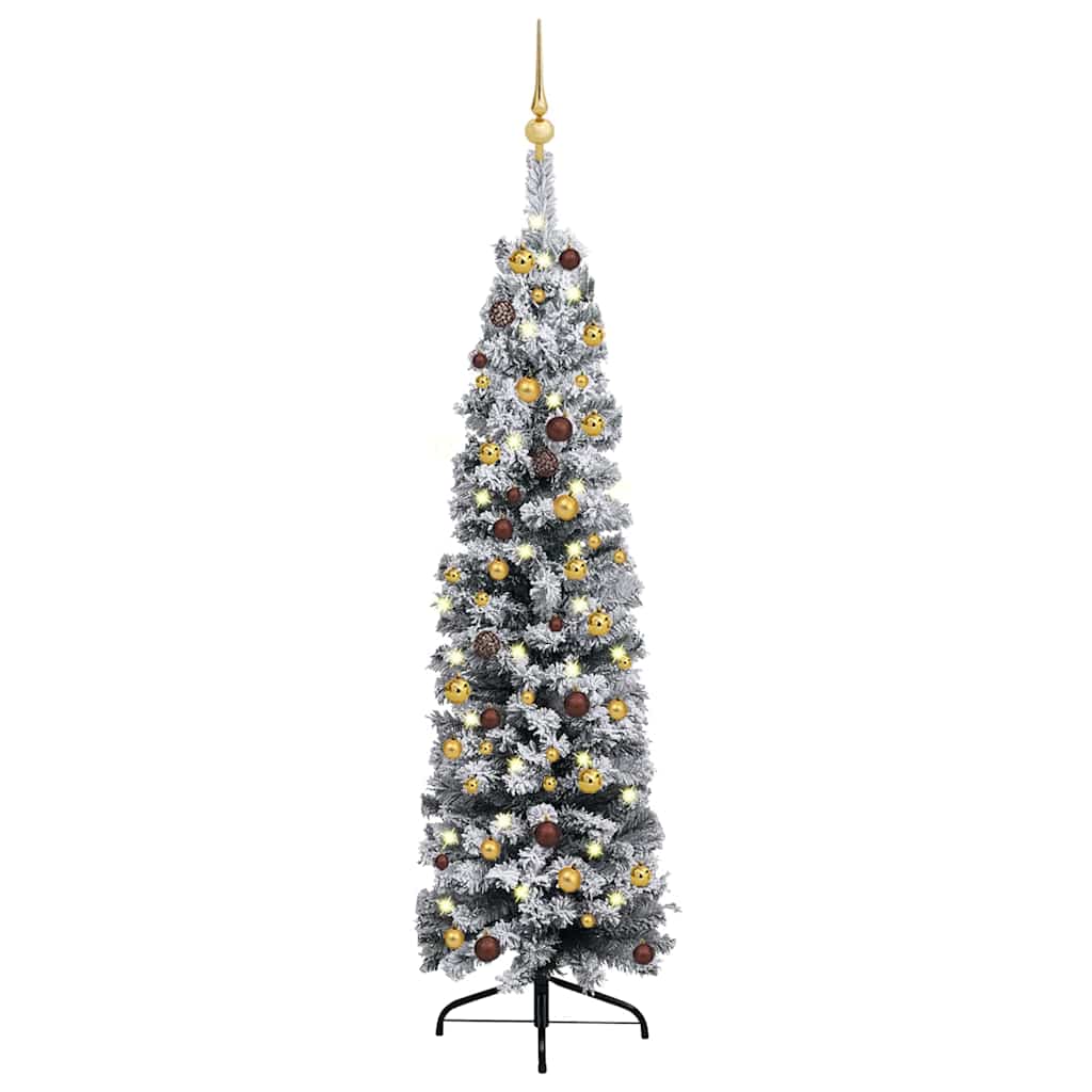 Vidaxl Slim Pvc Artificial Christmas Tree With Led Lights & Ball Set - Eco-Friendly, Reusable, Flocked White Snow, Energy-Efficient Lights, Green & Gold