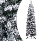 Vidaxl Slim Pvc Artificial Christmas Tree With Led Lights & Ball Set - Eco-Friendly, Reusable, Flocked White Snow, Energy-Efficient Lights, Green & Gold
