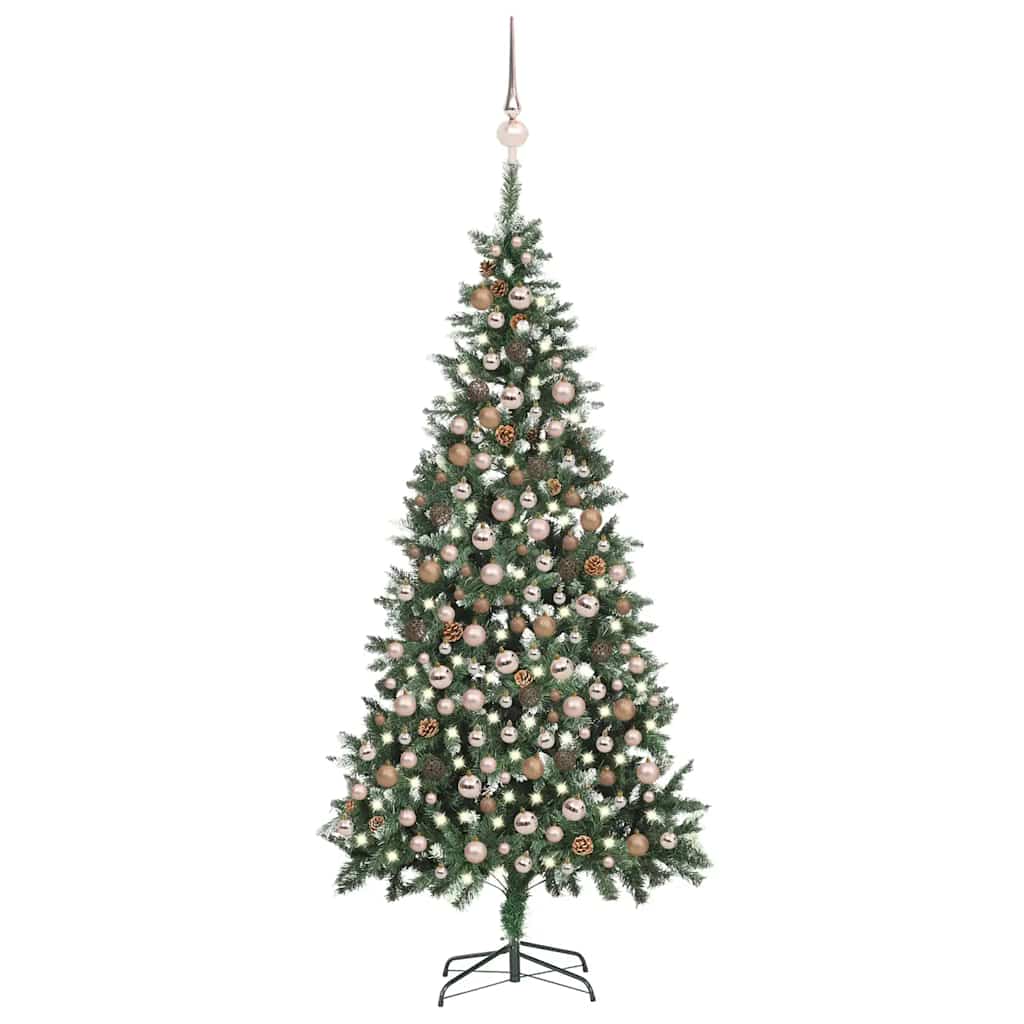 Vidaxl Artificial Christmas Tree - Pre-Lit, Decorated With Ball Set And Pine Cones, Lifelike Pointy Branches With Glitter, Pine Mimic Design, 82.7 Inches - Green, White, And Rose Gold