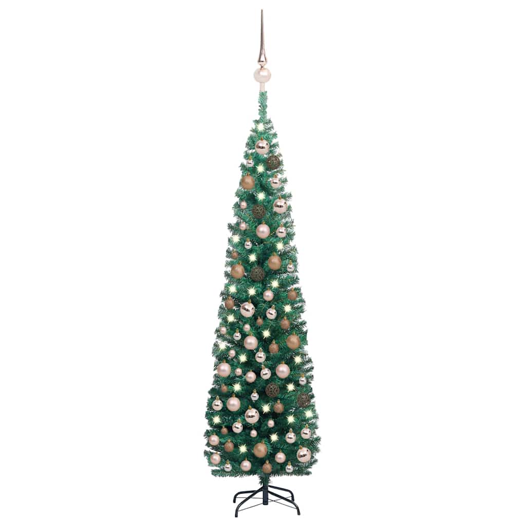 Vidaxl 82.7&quot; Slim Green Artificial Christmas Tree With Led Lights And Rose Gold Ball Set – Pvc Material, Sturdy Steel Feet, Usb Connectivity For Easy Lighting, Reusable Design For Yearly Use