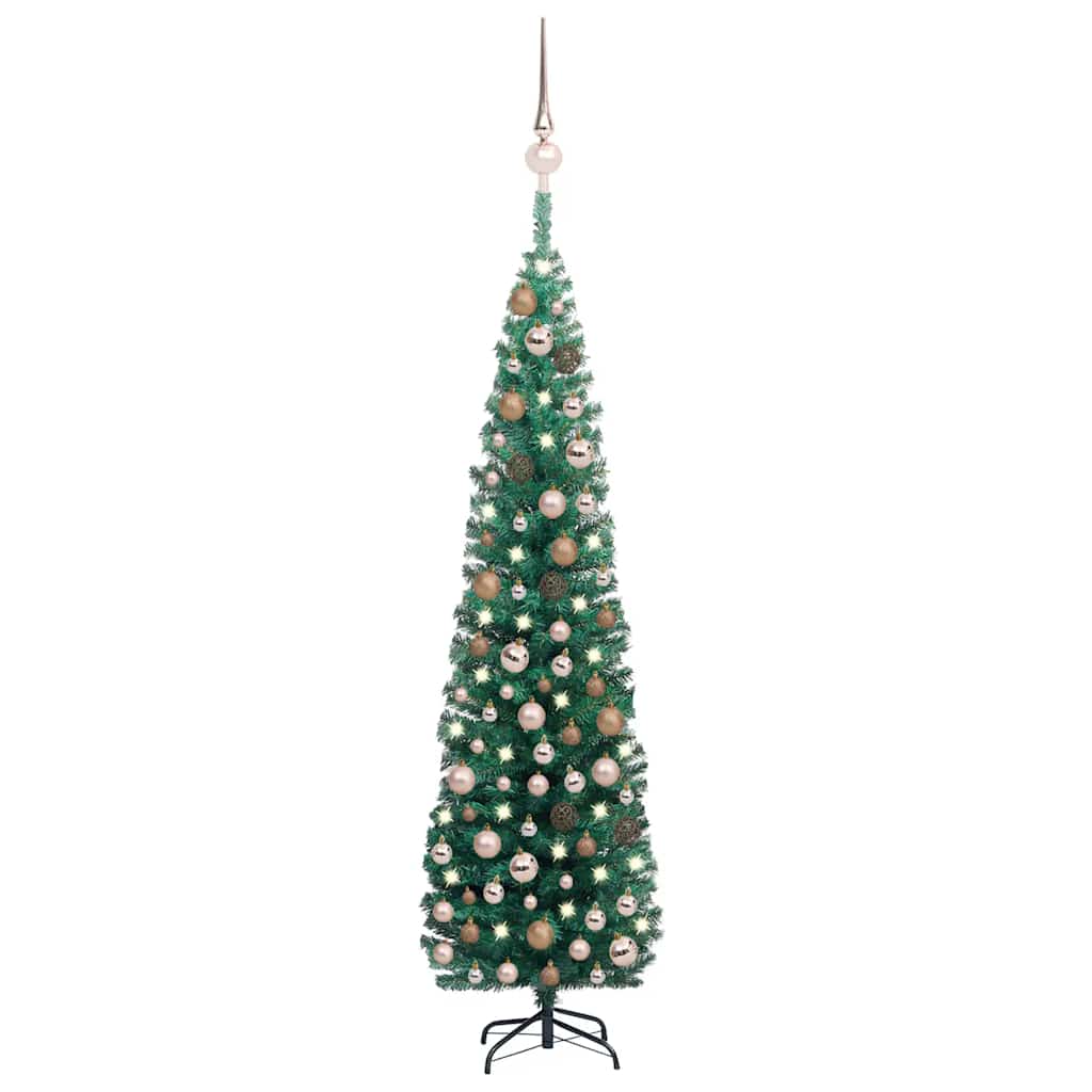 Vidaxl Green Slim Artificial Christmas Tree With Pre-Lit Led Lights And Rose Gold Ball Decorations- 94.5 Inch