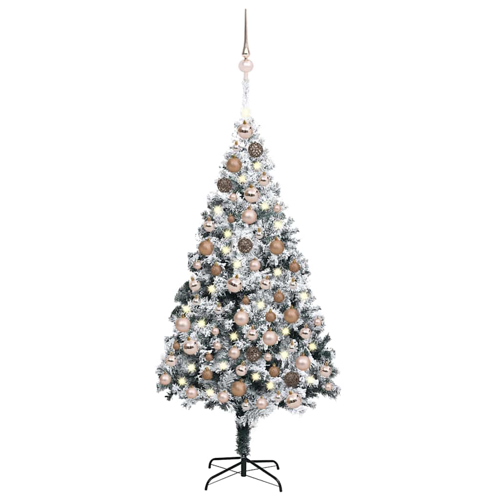 Vidaxl Artificial Christmas Tree - Green Pvc With White Flocked Snow, Energy-Efficient Led Lights, Rose Gold Balls, 70.9&quot; Size, Complete Decoration Set