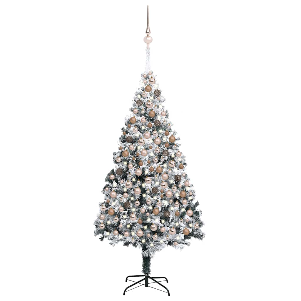 Vidaxl Artificial Pre-Lit Christmas Tree - 82.7&quot; Green Pvc With Flocked Snow And 300 Leds - Sturdy Metal Stand - 120 Rose Gold Balls