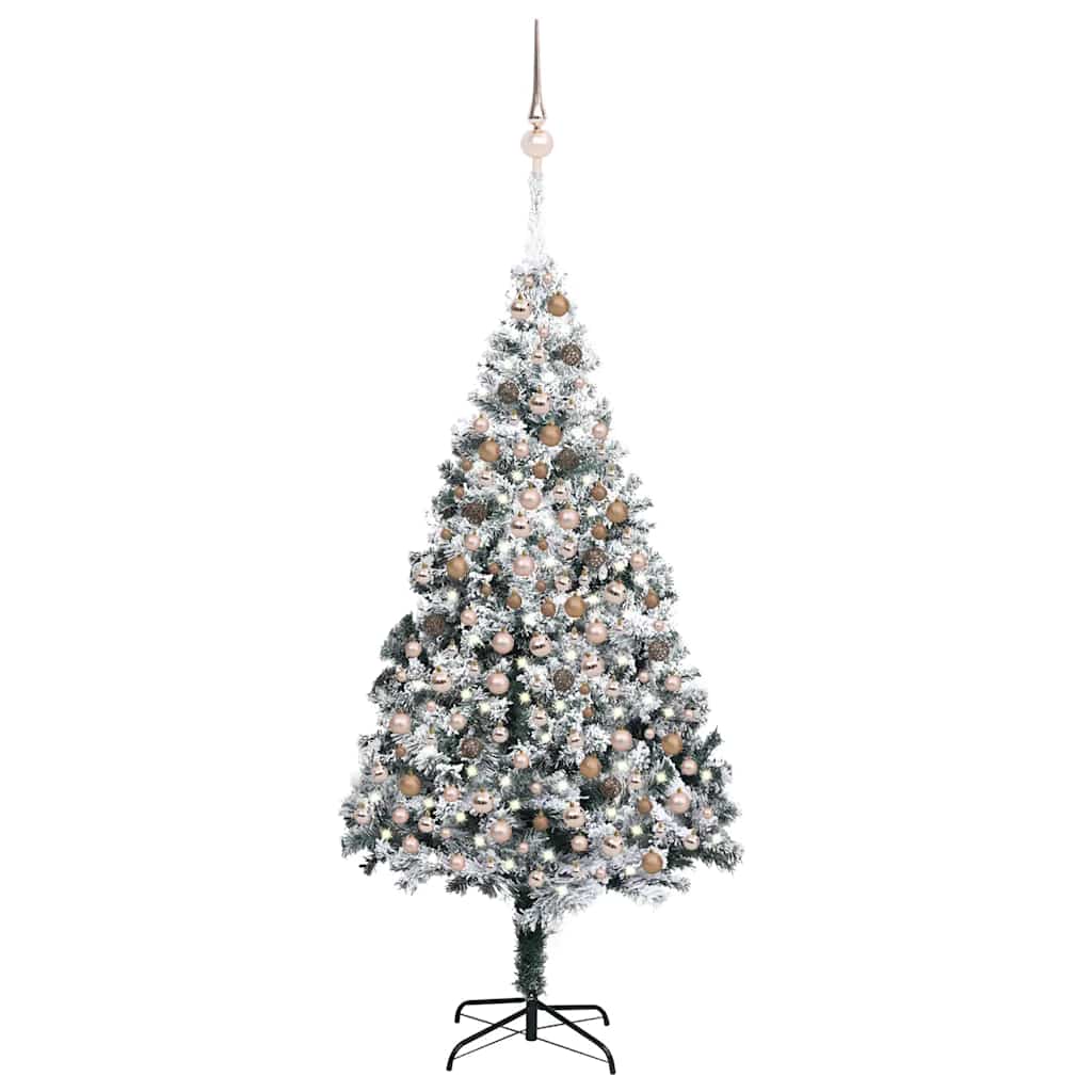 Vidaxl Artificial 94.5&quot; Green Christmas Tree With Leds & Rose Gold Balls| Snow Flocked, Densely Pvc Braches | Energy Efficient Led Lights | Easy Assembly | Home Holiday Decor