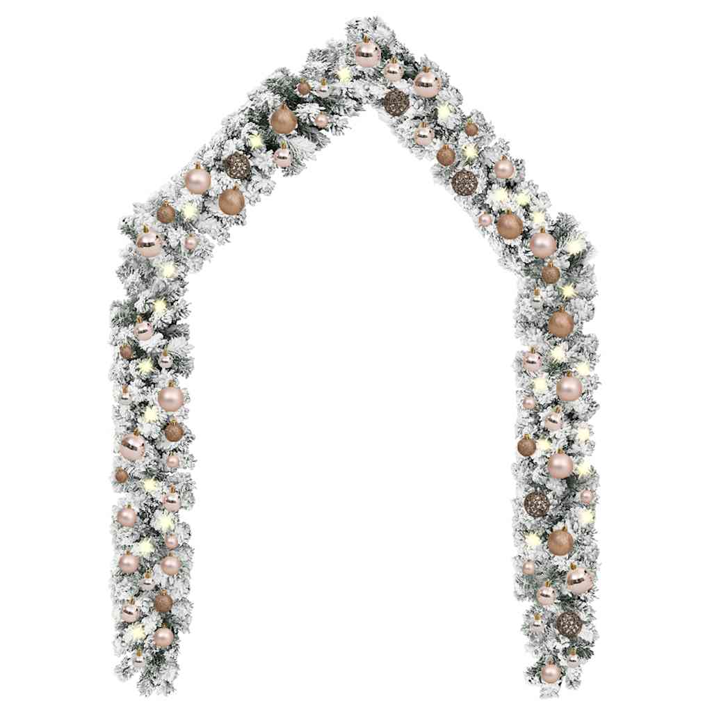 Vidaxl Christmas Garland With White Flocked Snow, Led Lights, And Balls – 16.4Ft Long - Green And Rose Gold Holiday Tree Decoration