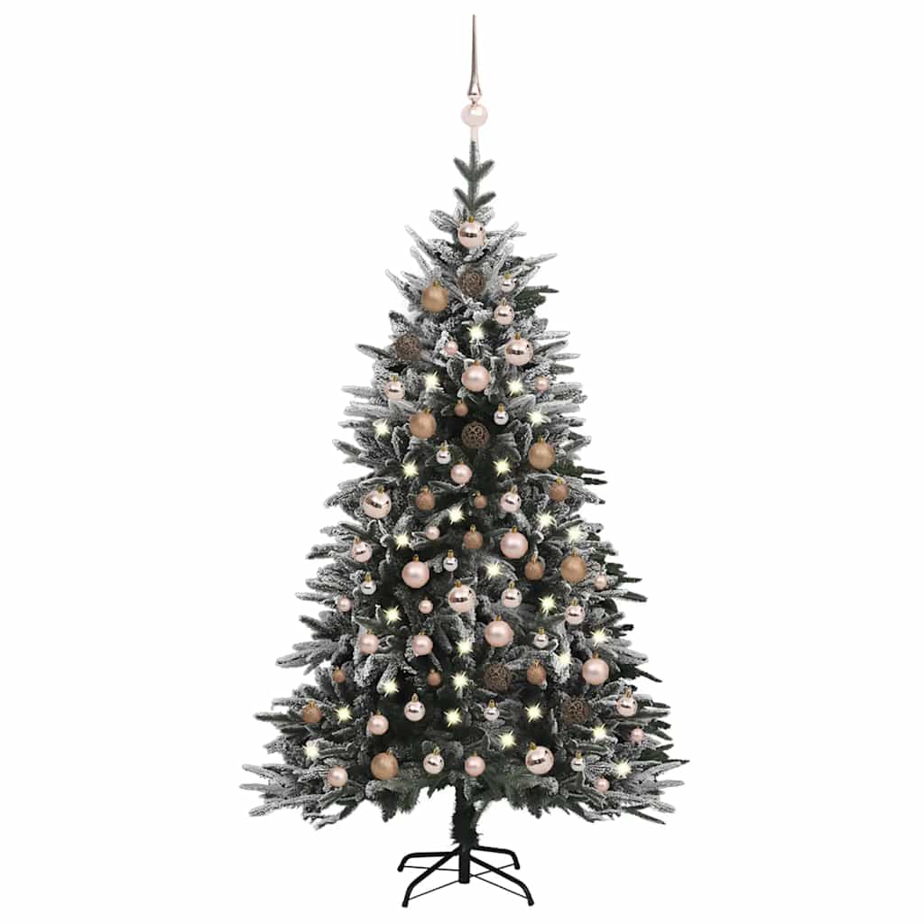 Vidaxl Pre-Lit Artificial Christmas Tree With Snow Flocking, Rose Gold Ornaments & Steel Stand - Green White And Rose Pvc&Pe Indoor Holiday Décor