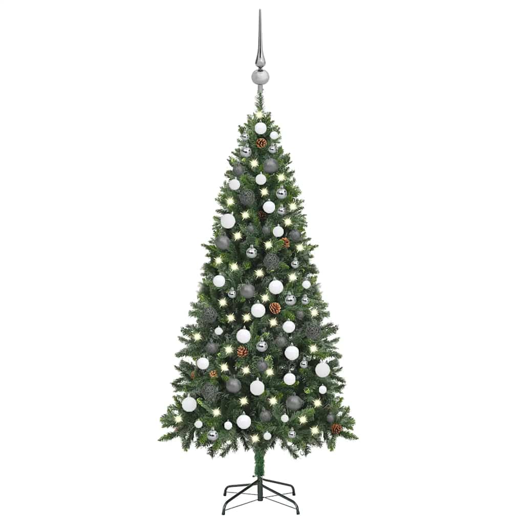 Vidaxl Artificial Pre-Lit Christmas Tree - Pine Tree Design With Led Lights - 70.9&quot; Tall - Includes Pine Cones & Ball Set, Green