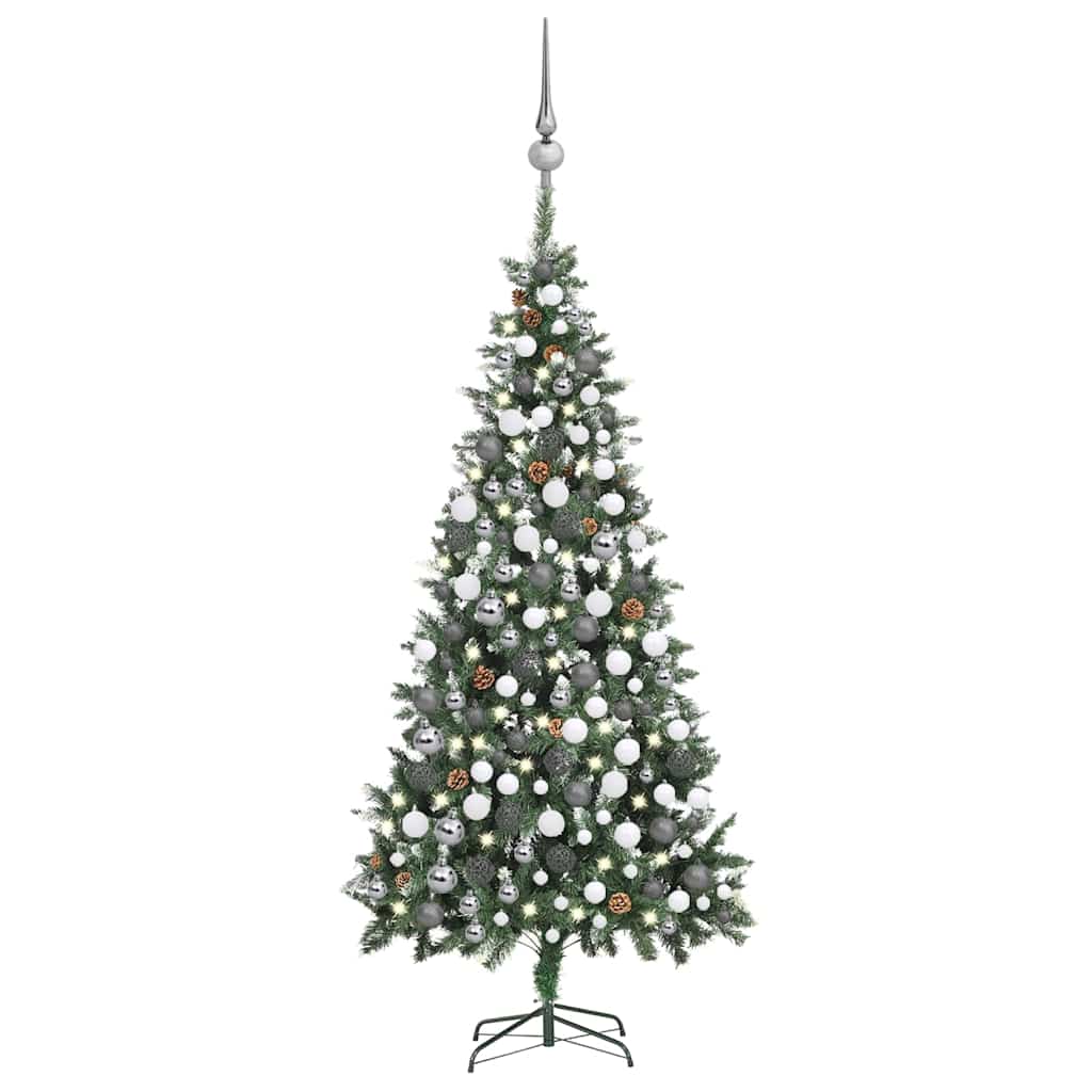 Vidaxl Artificial Pre-Lit Christmas Tree With Led Lights And Ball Set, 82.7&quot; Tall - Green And White Decorated With Pine Cones & Glittery Tips