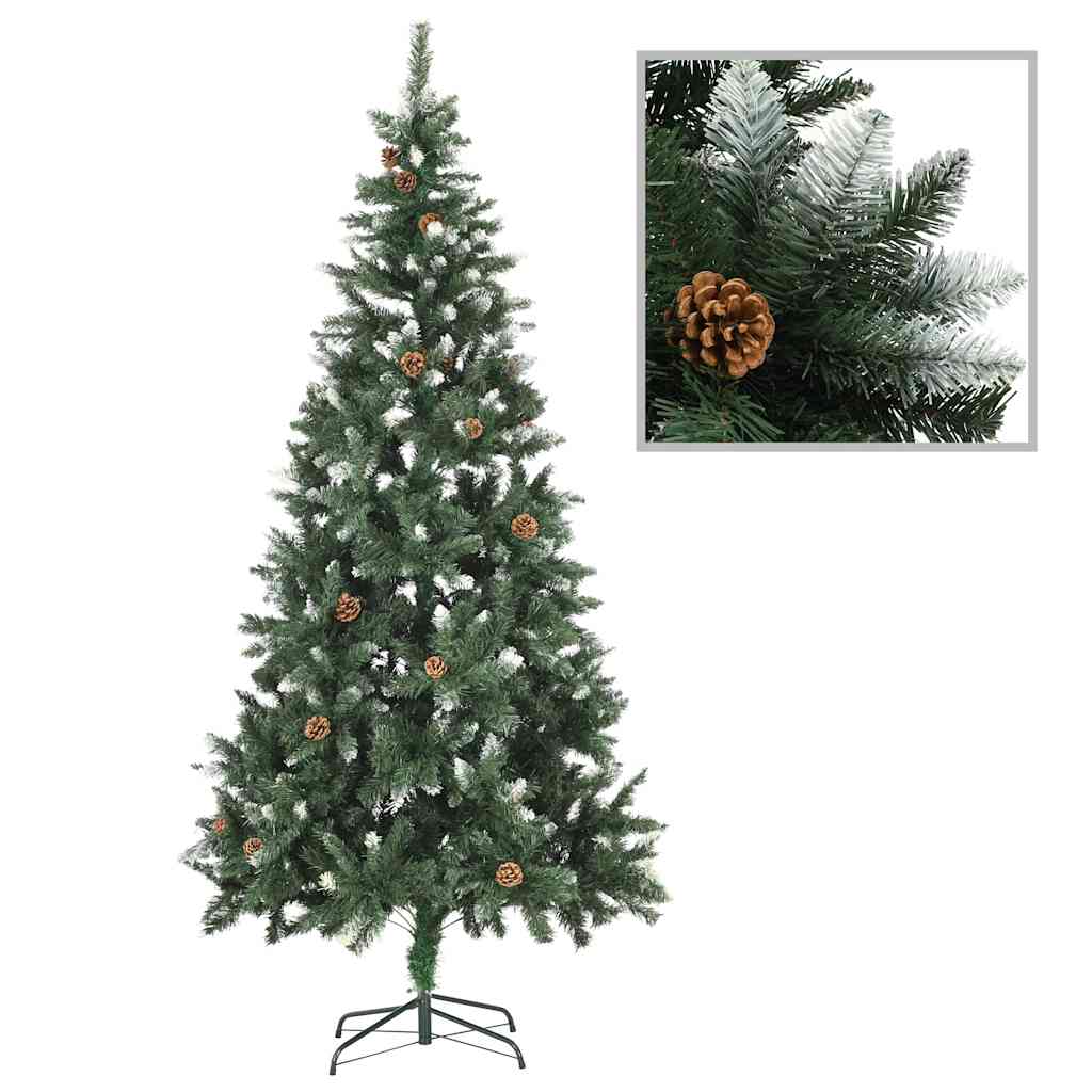 Vidaxl Artificial Pre-Lit Christmas Tree With Led Lights And Ball Set, 82.7&quot; Tall - Green And White Decorated With Pine Cones & Glittery Tips