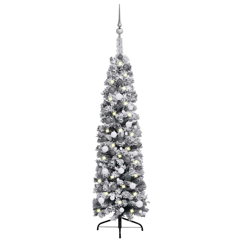 Vidaxl Slim Artificial Christmas Tree With Leds&Ball Set Accessory Ornament Festival Holiday Party Home Artificial Tree Xmas Decoration Green