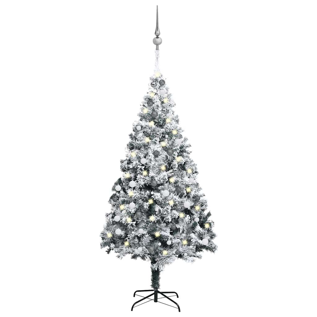 Vidaxl 94.5" Lifelike Pvc Artificial Christmas Tree - Extra Thick Branches With Snow Flocking - Includes Led Lights And Decorative Ball Set - Green, White, Grey