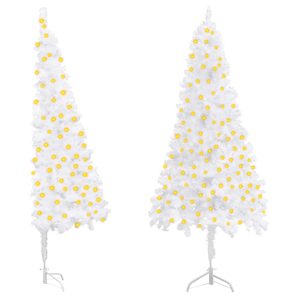 Vidaxl Corner Artificial Pre-Lit Christmas Tree - White Pvc Xmas Tree For Corner With Steel Stand, 59.1&quot; Height, 21.7&quot; Width, Led Lights