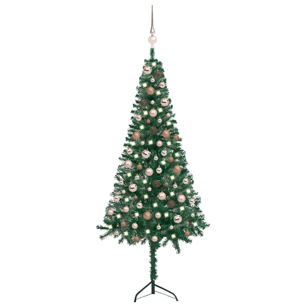 Vidaxl Pvc Corner Artificial Christmas Tree With Leds, Decorative Balls And Stand - Green And Rose - 59.1&quot; Height